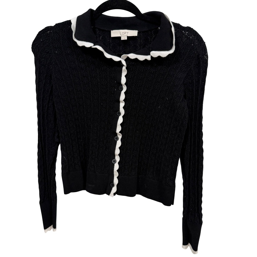 LOFT Black Pointelle Scalloped Trim Button Front Cardigan Sweater SP23 Size M